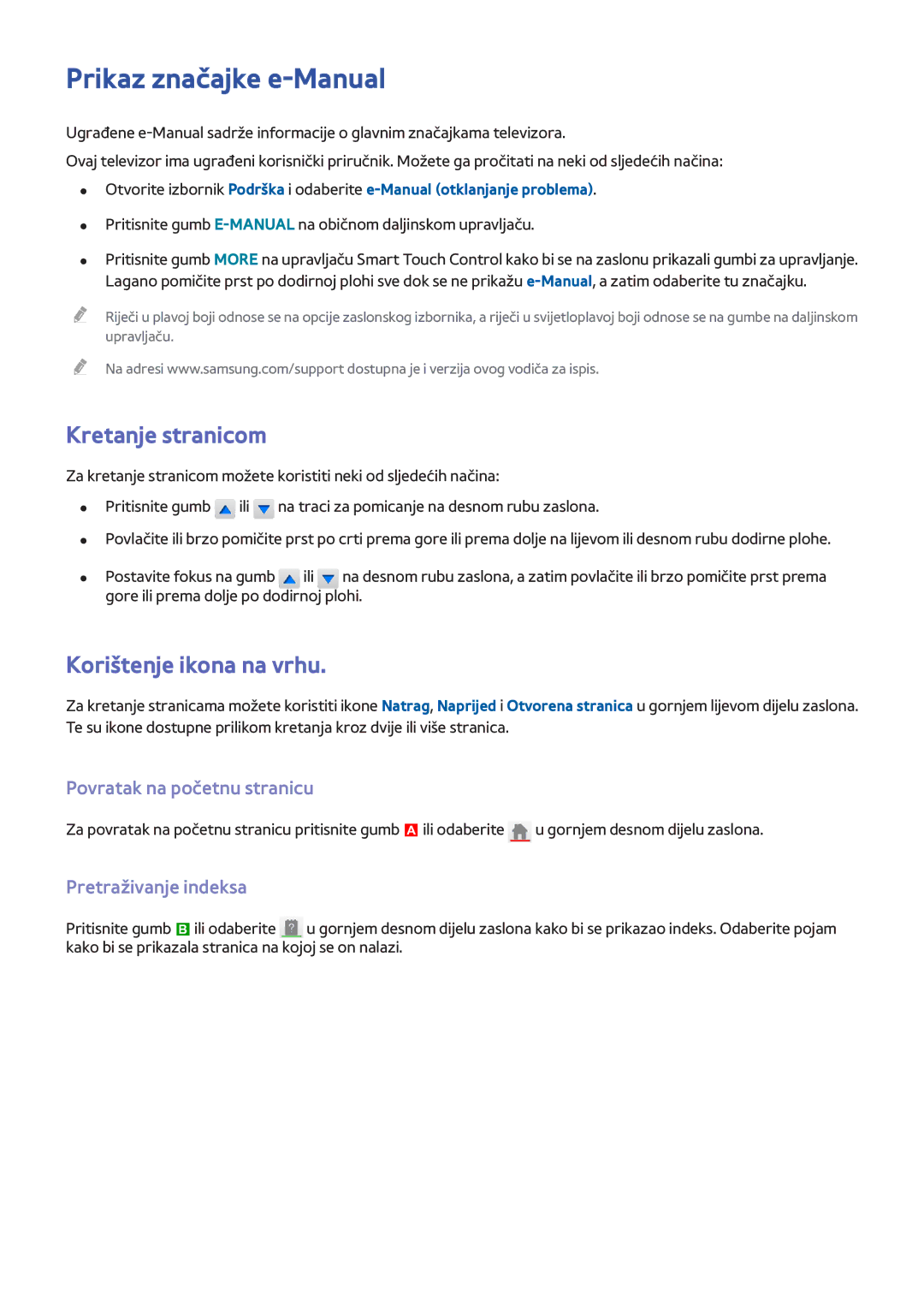 Samsung UE40F7000STXXH manual Prikaz značajke e-Manual, Kretanje stranicom, Korištenje ikona na vrhu, Pretraživanje indeksa 