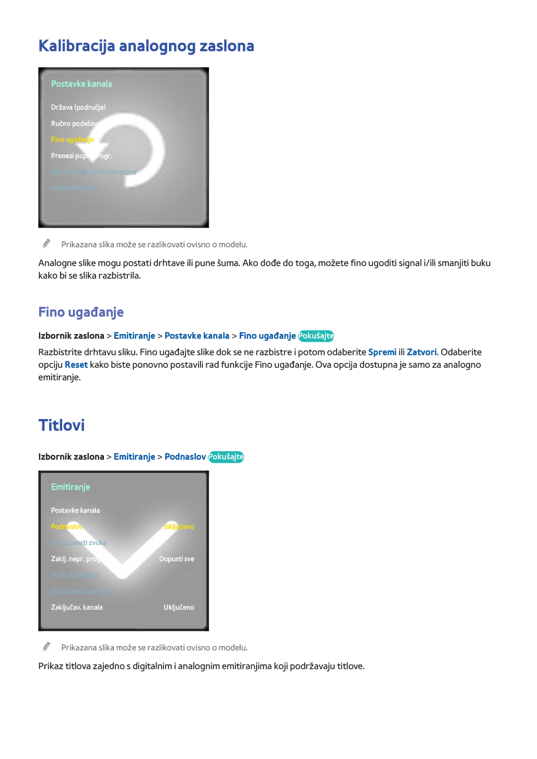 Samsung UE65F9000STXXH, UE46F7000STXXH, UE85S9STXXH Kalibracija analognog zaslona, Titlovi, Fino ugađanje, Postavke kanala 