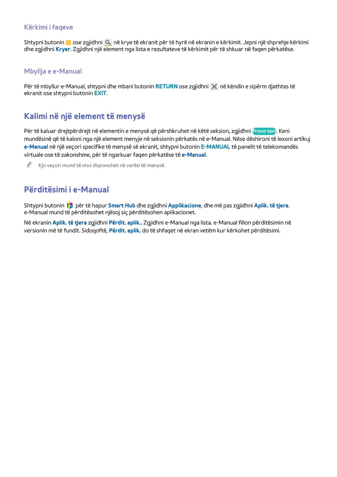 Samsung UE55F7000STXXH manual Kalimi në një element të menysë, Përditësimi i e-Manual, Kërkimi i faqeve, Mbyllja e e-Manual 