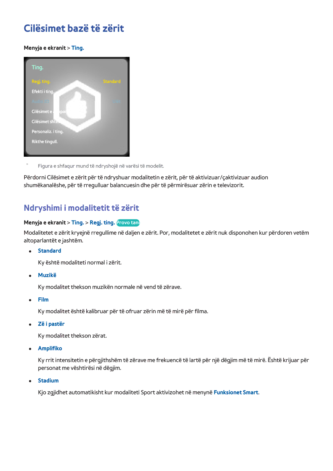 Samsung UE46F8000STXXH, UE46F7000STXXH, UE40F8000STXXH manual Cilësimet bazë të zërit, Ndryshimi i modalitetit të zërit 