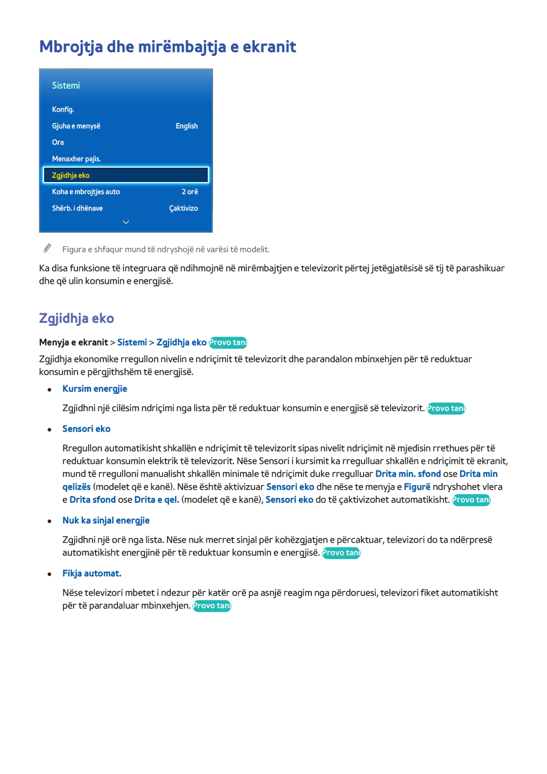 Samsung UE40F7000STXXH, UE46F7000STXXH, UE46F8000STXXH, UE40F8000STXXH manual Mbrojtja dhe mirëmbajtja e ekranit, Zgjidhja eko 