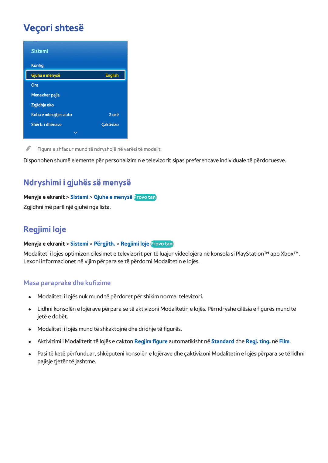 Samsung UE46F8000STXXH manual Veçori shtesë, Ndryshimi i gjuhës së menysë, Regjimi loje, Masa paraprake dhe kufizime 