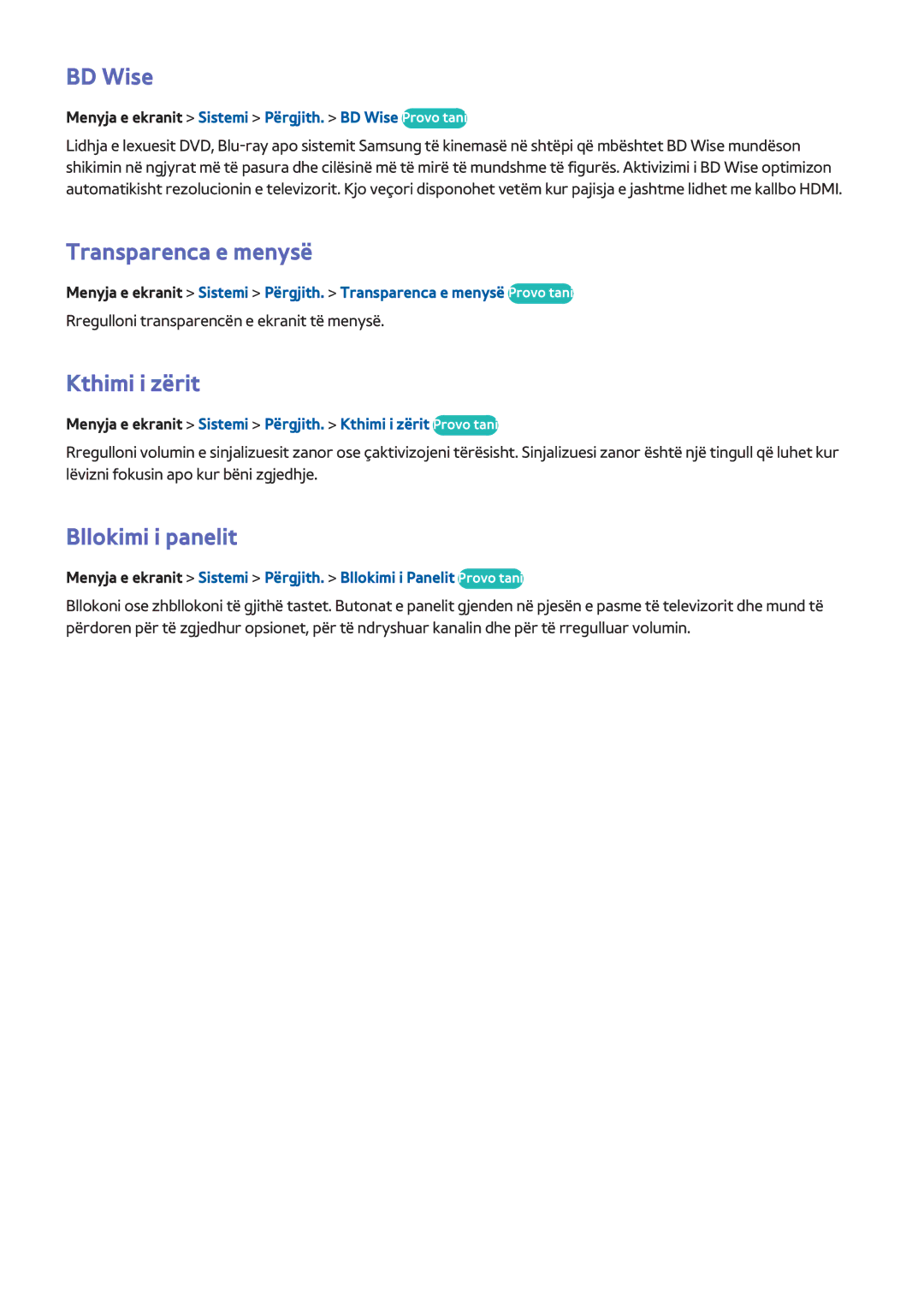 Samsung UE40F8000STXXH, UE46F7000STXXH, UE46F8000STXXH BD Wise, Transparenca e menysë, Kthimi i zërit, Bllokimi i panelit 