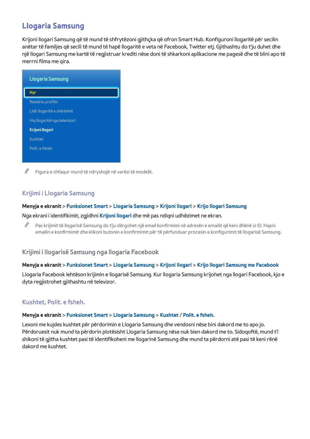 Samsung UE55F8000STXXH, UE46F7000STXXH, UE46F8000STXXH manual Krijimi i Llogaria Samsung, Kushtet, Polit. e fsheh 
