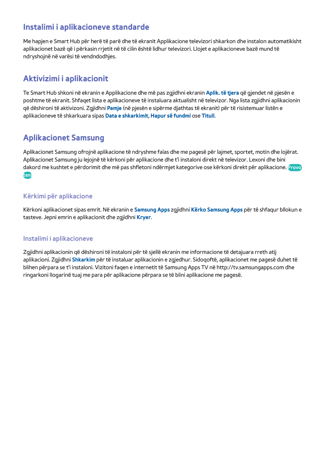 Samsung UE40F8000STXXH manual Instalimi i aplikacioneve standarde, Aktivizimi i aplikacionit, Aplikacionet Samsung 