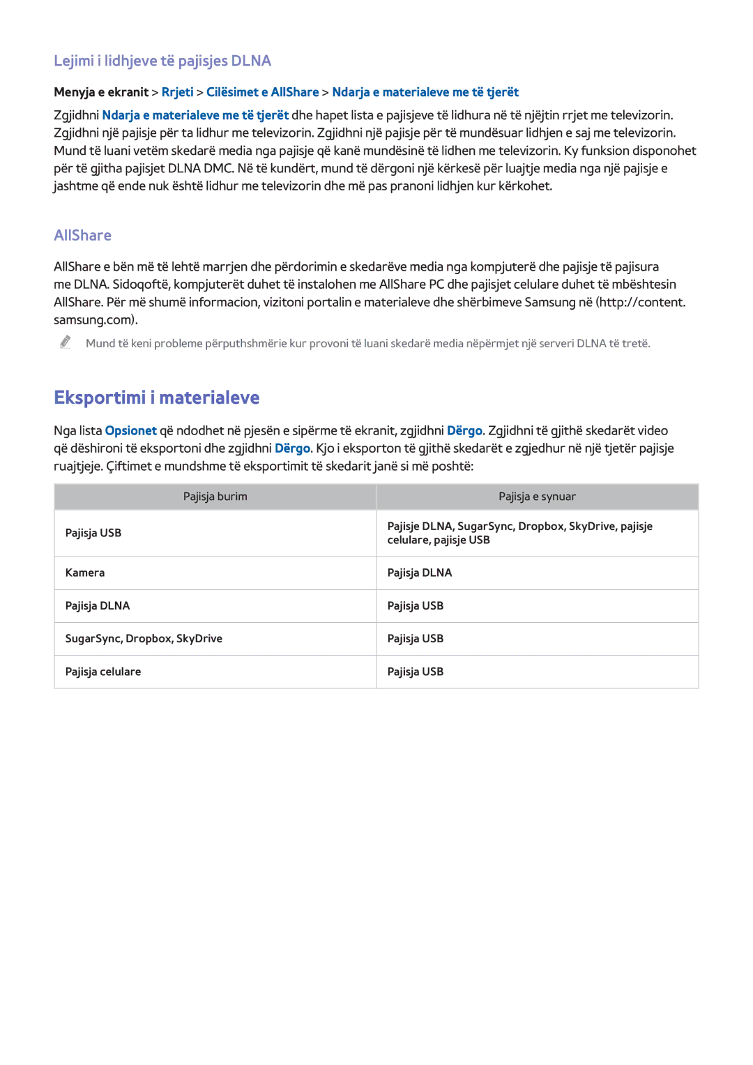 Samsung UE55F8000STXXH, UE46F7000STXXH manual Eksportimi i materialeve, Lejimi i lidhjeve të pajisjes Dlna, AllShare 