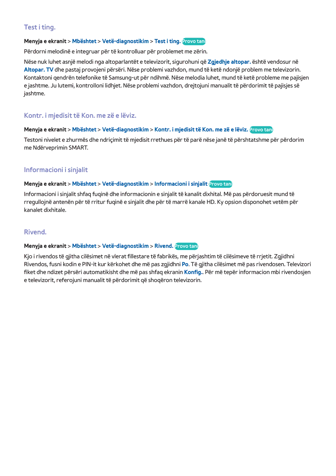Samsung UE65F9000STXXH manual Test i ting, Kontr. i mjedisit të Kon. me zë e lëviz, Informacioni i sinjalit, Rivend 