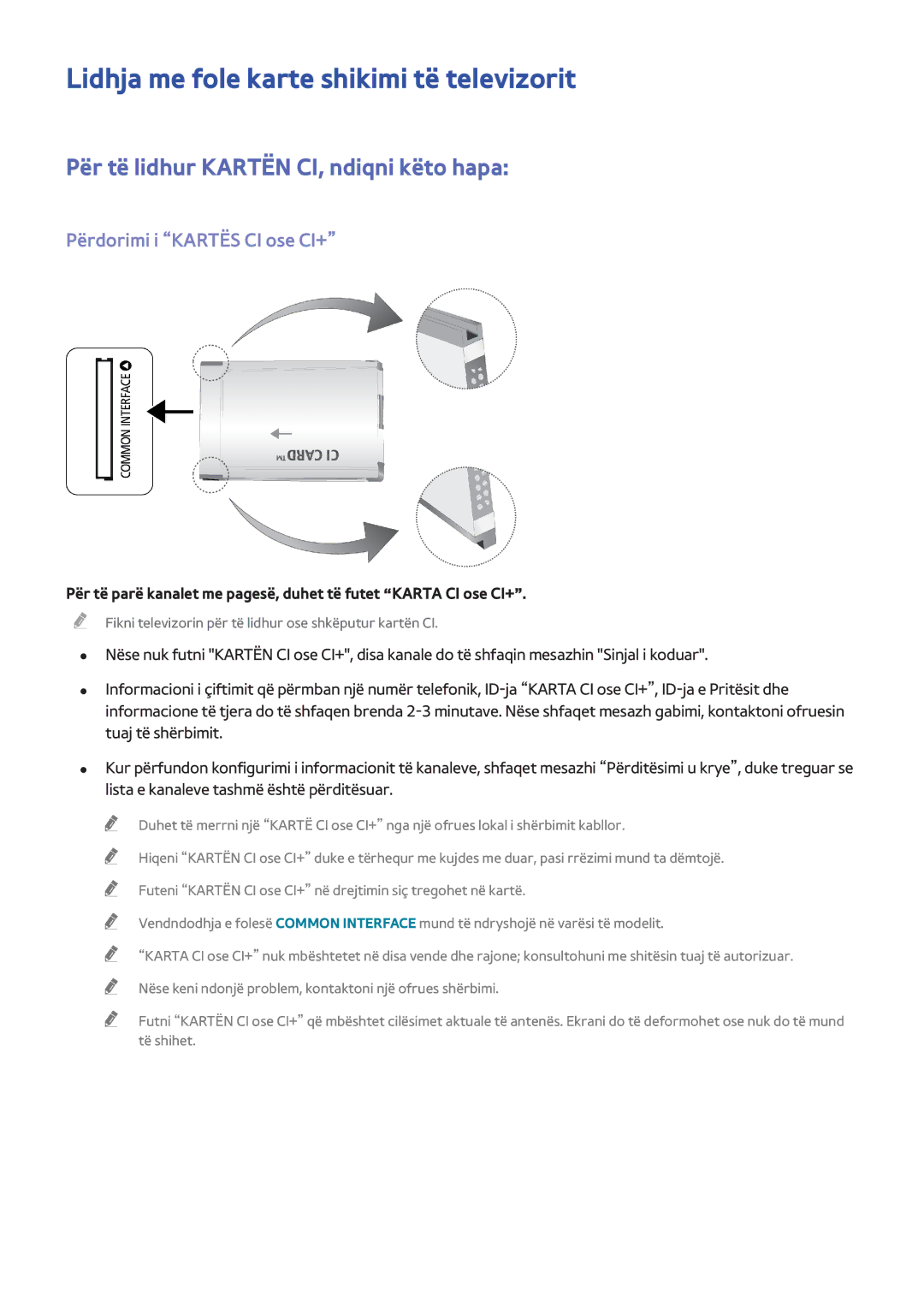 Samsung UE40F8000STXXH manual Lidhja me fole karte shikimi të televizorit, Për të lidhur Kartën CI, ndiqni këto hapa 