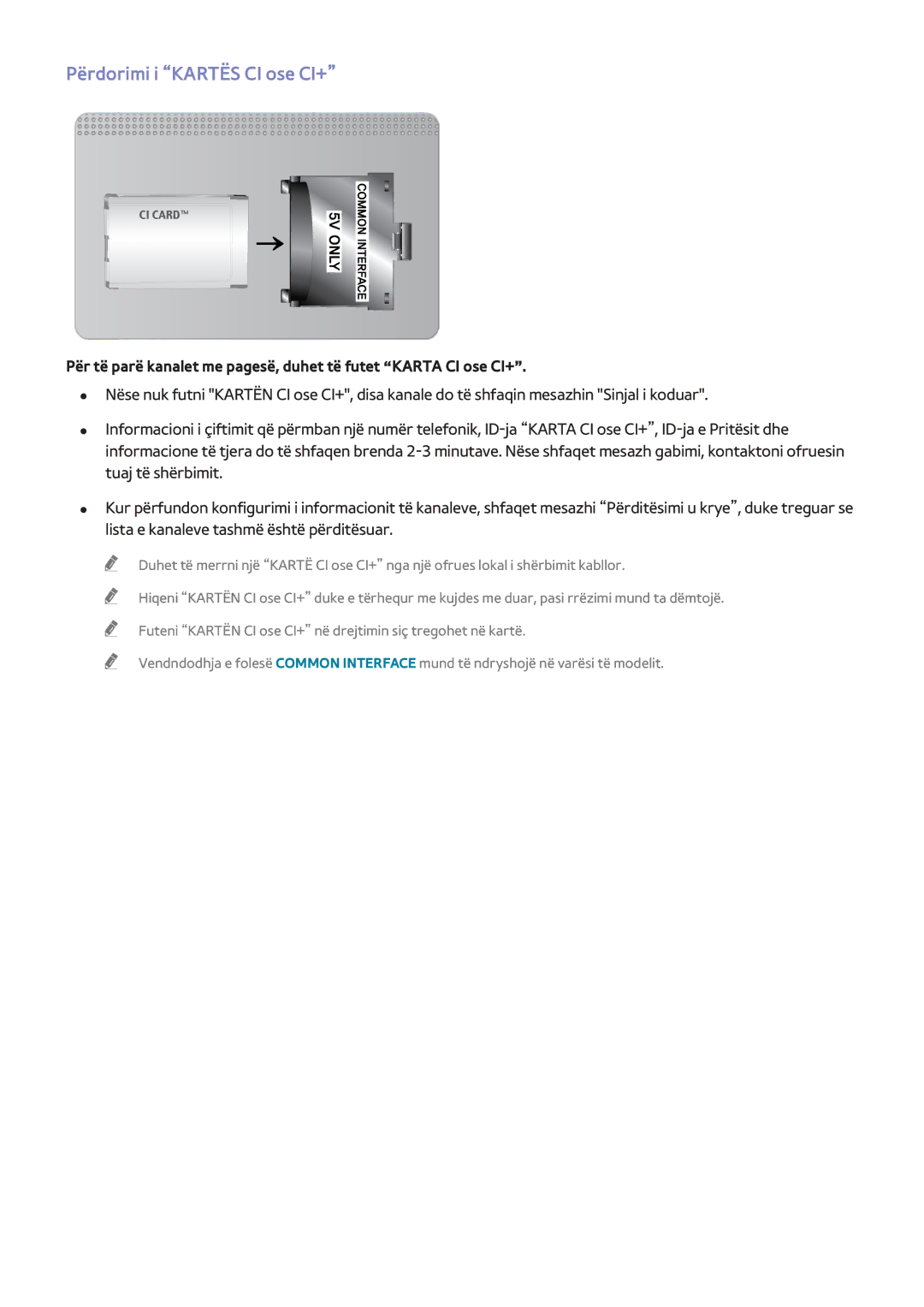 Samsung UE55F9000STXXH, UE46F7000STXXH, UE46F8000STXXH, UE40F8000STXXH, UE55F8500STXXH manual Përdorimi i Kartës CI ose CI+ 