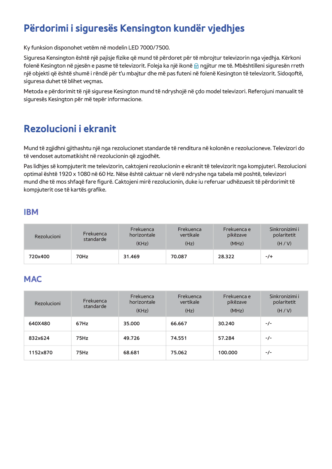 Samsung UE75F8000STXXH, UE46F7000STXXH manual Përdorimi i siguresës Kensington kundër vjedhjes, Rezolucioni i ekranit 