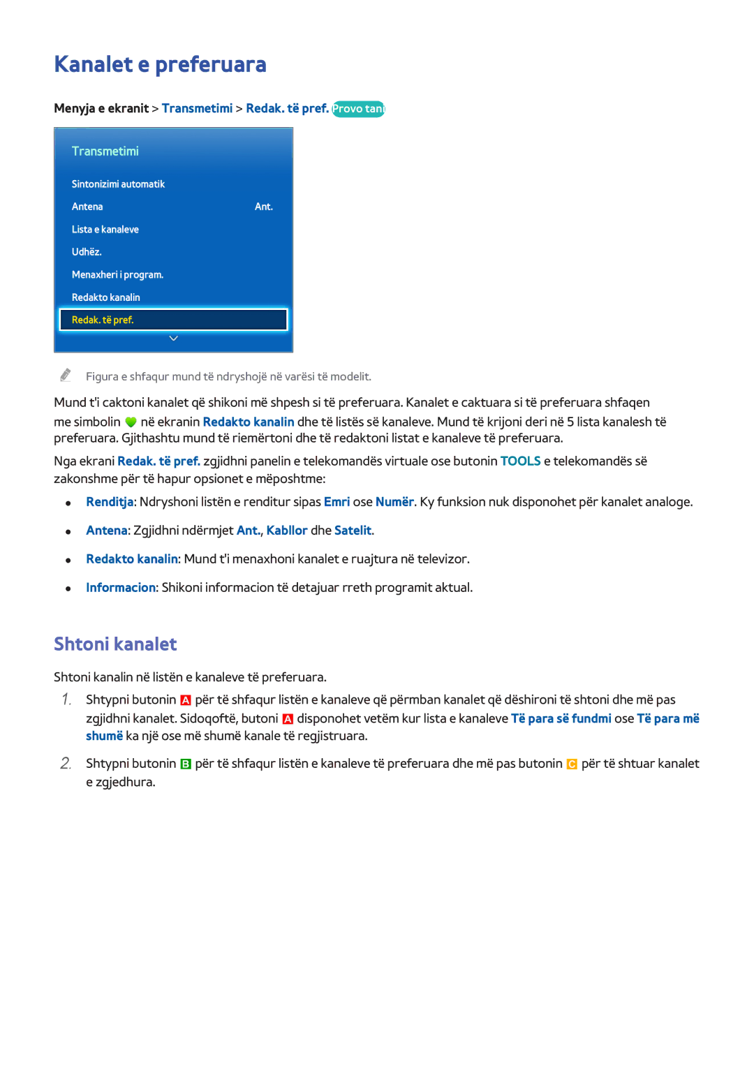 Samsung UE55F7000STXXH manual Kanalet e preferuara, Shtoni kanalet, Menyja e ekranit Transmetimi Redak. të pref. Provo tani 