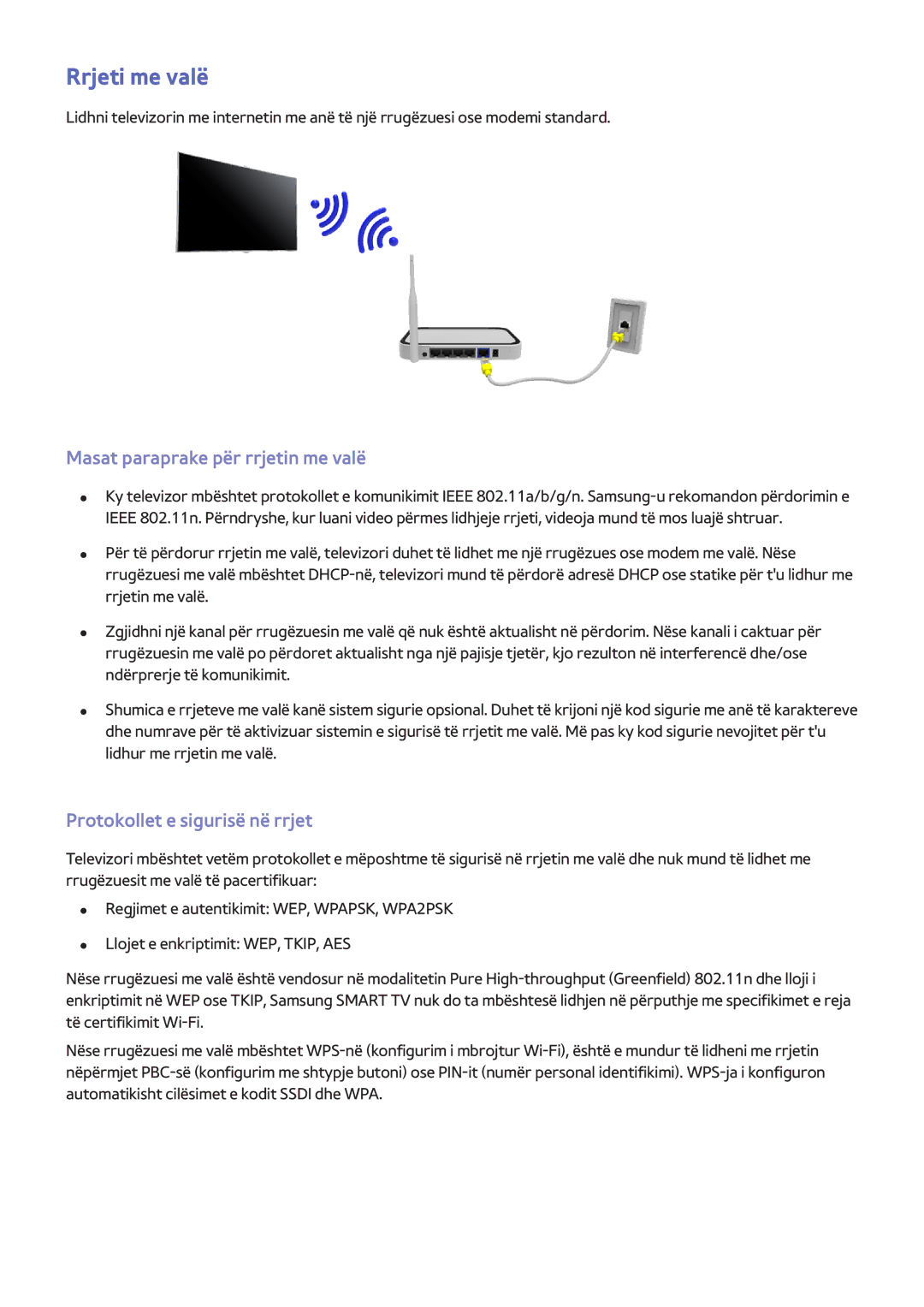 Samsung UE46F8000STXXH manual Rrjeti me valë, Masat paraprake për rrjetin me valë, Protokollet e sigurisë në rrjet 