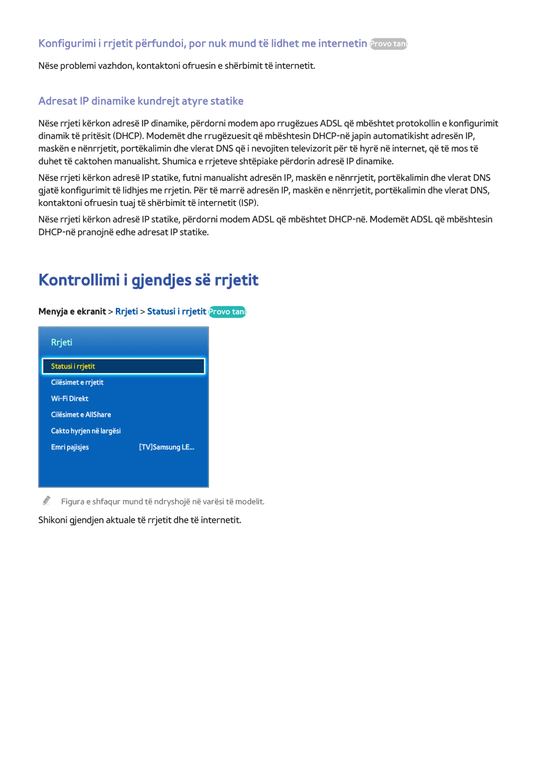 Samsung UE55F7000STXXH, UE46F7000STXXH manual Kontrollimi i gjendjes së rrjetit, Adresat IP dinamike kundrejt atyre statike 