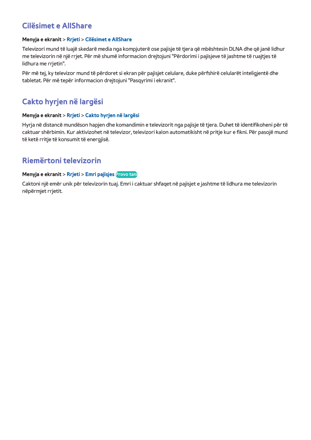 Samsung UE46F7000STXXH, UE46F8000STXXH manual Cilësimet e AllShare, Cakto hyrjen në largësi, Riemërtoni televizorin 