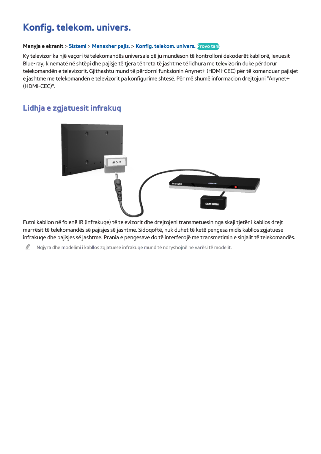 Samsung UE46F8000STXXH, UE46F7000STXXH, UE40F8000STXXH manual Konfig. telekom. univers, Lidhja e zgjatuesit infrakuq 