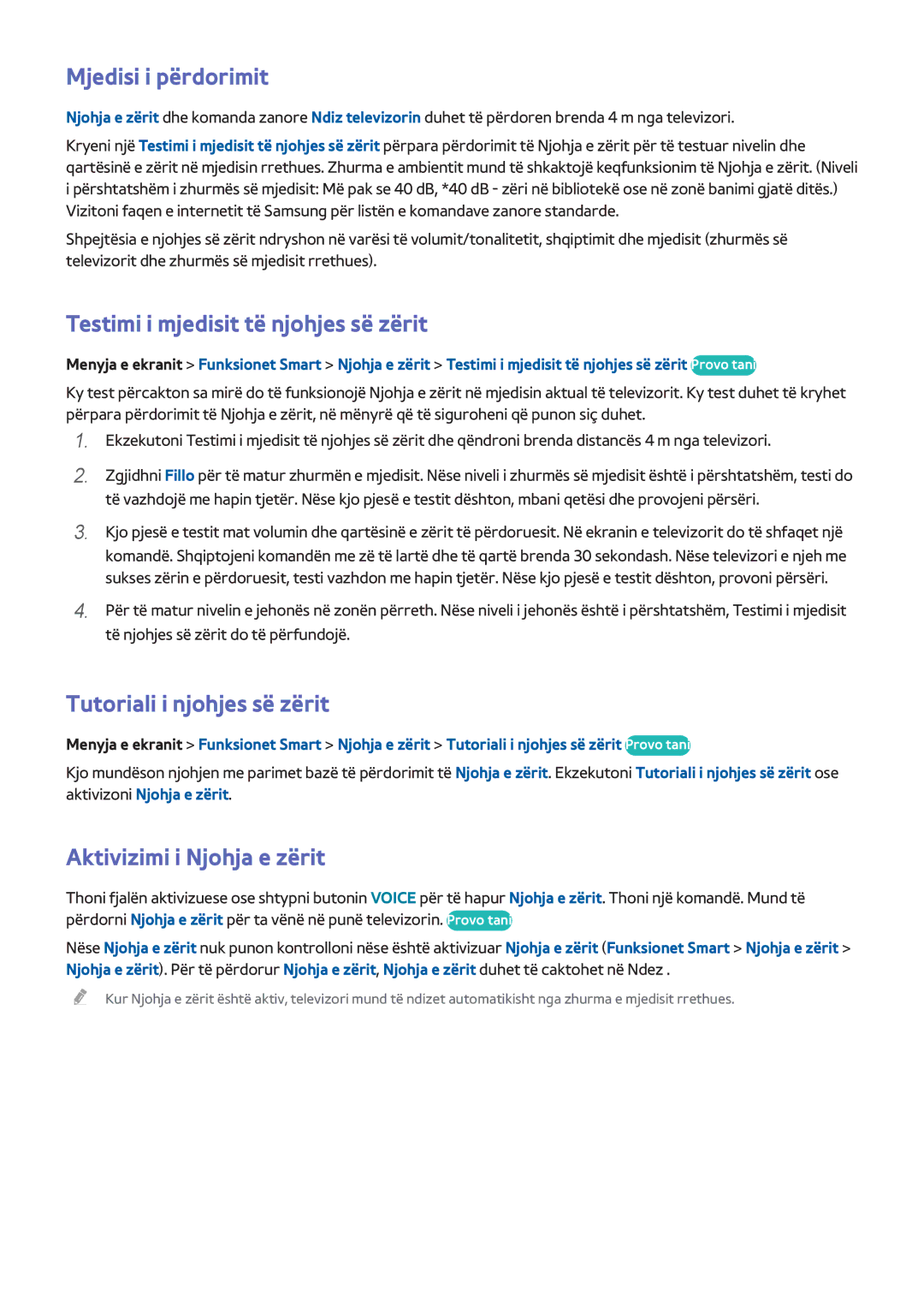 Samsung UE75F8000STXXH manual Mjedisi i përdorimit, Testimi i mjedisit të njohjes së zërit, Tutoriali i njohjes së zërit 