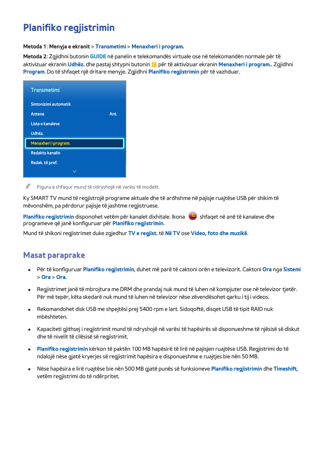 Samsung UE40F8000STXXH manual Planifiko regjistrimin, Metoda 1 Menyja e ekranit Transmetimi Menaxheri i program, Ora Ora 