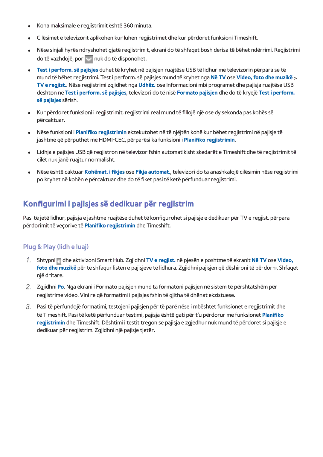 Samsung UE55F8500STXXH, UE46F7000STXXH manual Konfigurimi i pajisjes së dedikuar për regjistrim, Plug & Play lidh e luaj 