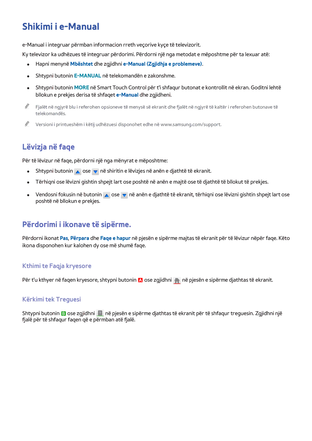 Samsung UE40F7000STXXH manual Shikimi i e-Manual, Lëvizja në faqe, Përdorimi i ikonave të sipërme, Kthimi te Faqja kryesore 