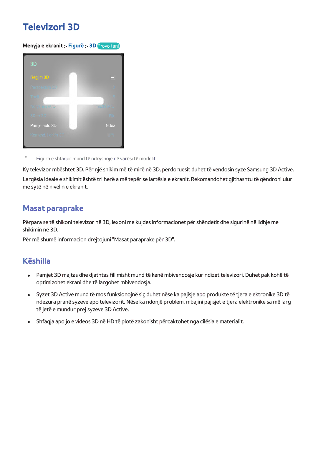 Samsung UE46F8500STXXH, UE46F7000STXXH, UE46F8000STXXH manual Televizori 3D, Këshilla, Menyja e ekranit Figurë 3D Provo tani 