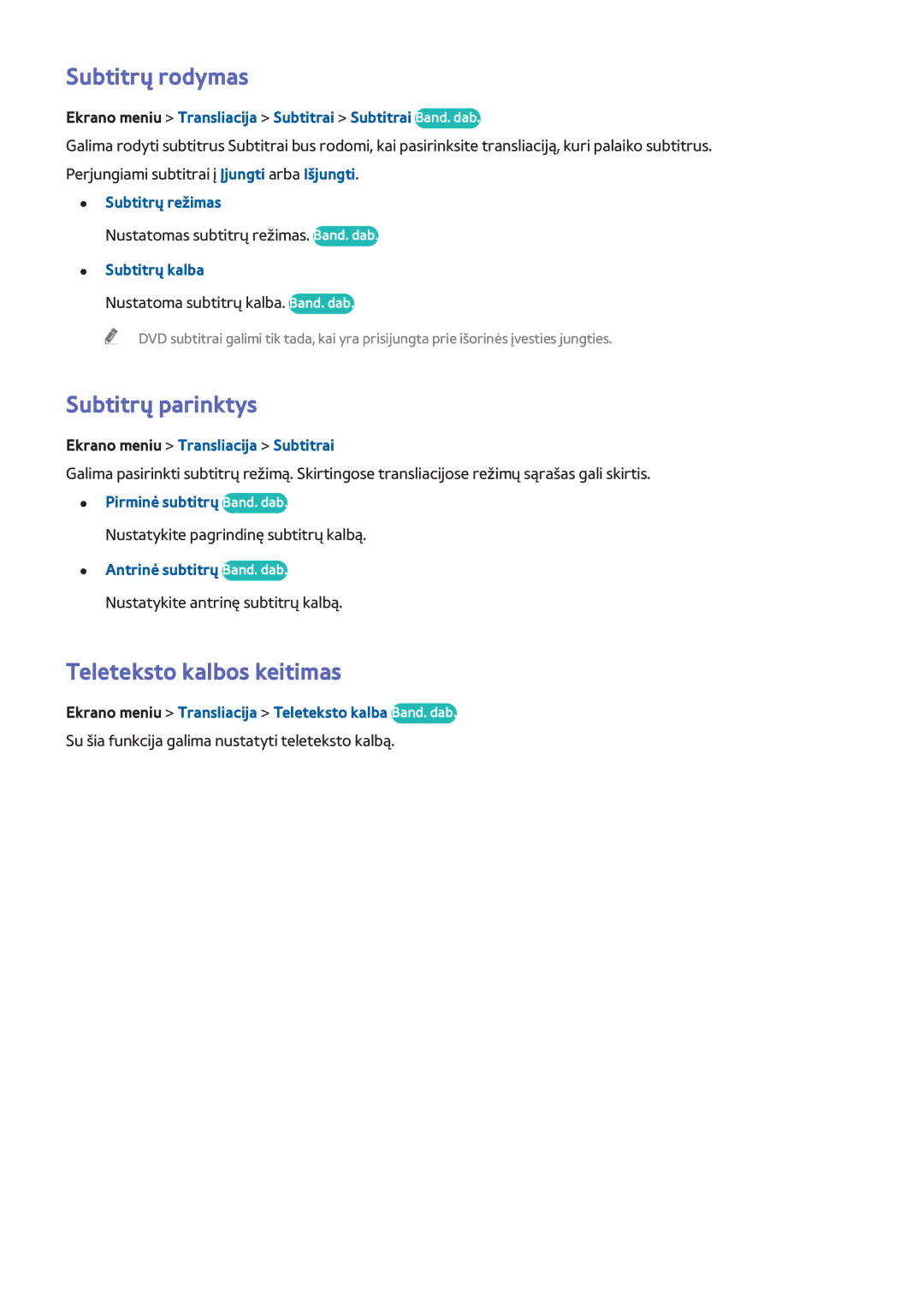 Samsung UE55F9000STXXH, UE46F7000STXXH, UE46F8000STXXH Subtitrų rodymas, Subtitrų parinktys, Teleteksto kalbos keitimas 