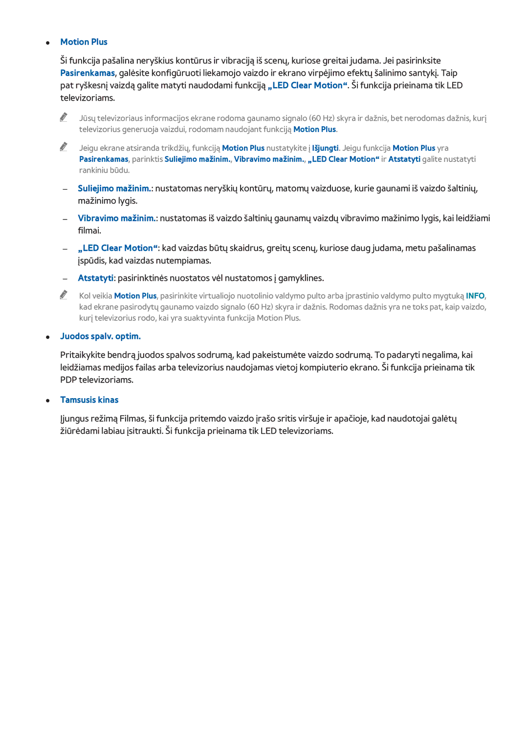 Samsung UE46F7000STXXH, UE46F8000STXXH, UE40F8000STXXH, UE55F8500STXXH manual Motion Plus, Juodos spalv. optim, Tamsusis kinas 