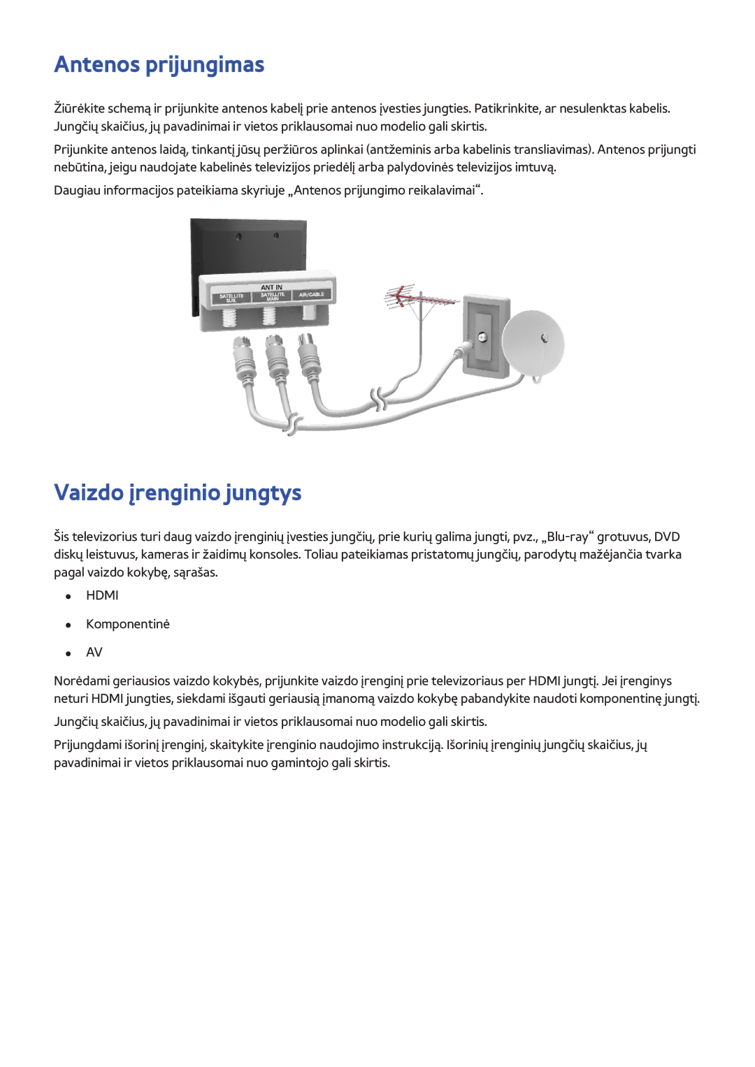 Samsung UE46F8500STXXH, UE46F7000STXXH, UE46F8000STXXH, UE40F8000STXXH manual Antenos prijungimas, Vaizdo įrenginio jungtys 