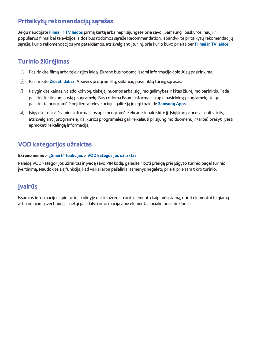 Samsung UE46F7000STXXH manual Pritaikytų rekomendacijų sąrašas, Turinio žiūrėjimas, VOD kategorijos užraktas, Įvairūs 