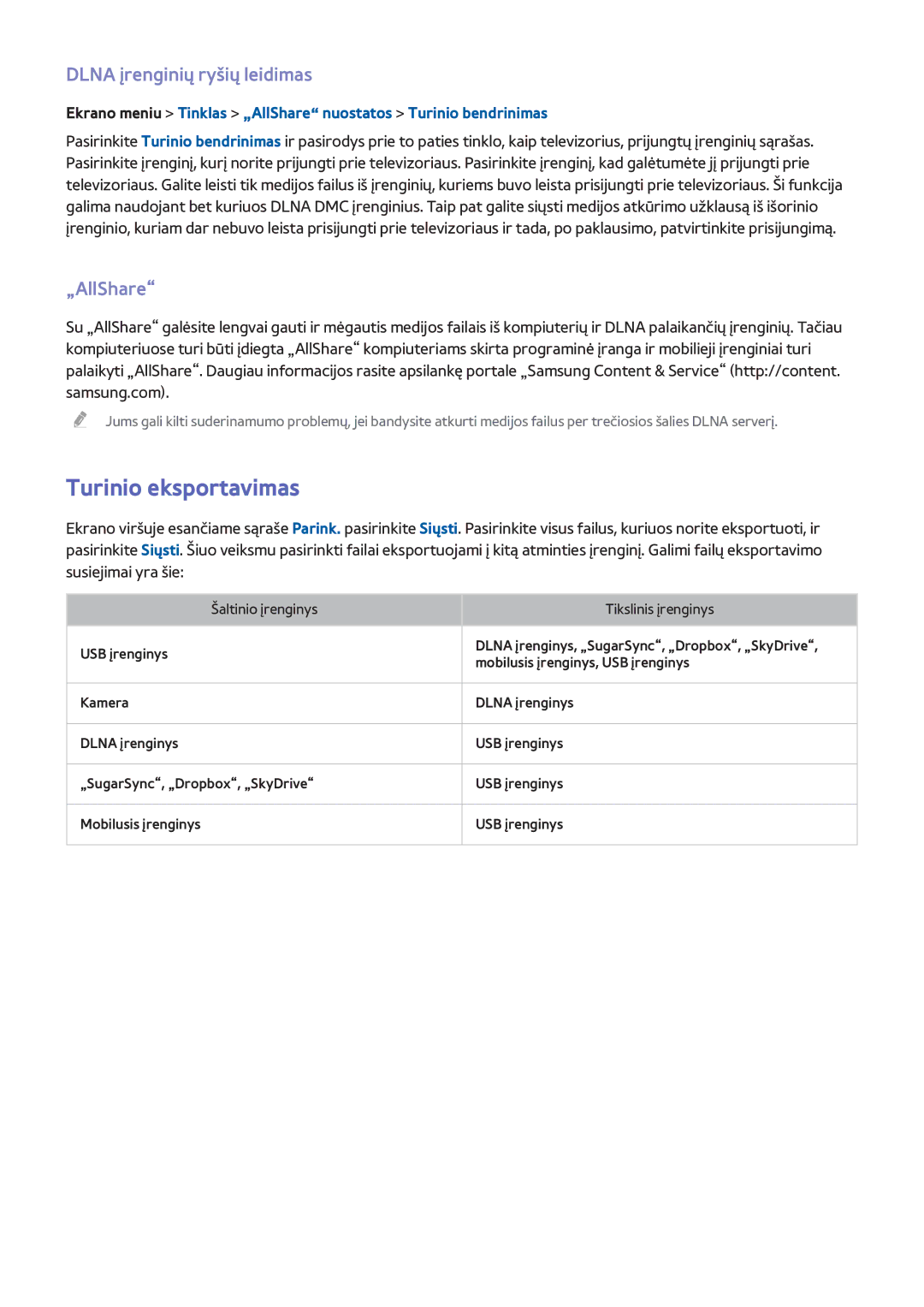 Samsung UE55F8000STXXH, UE46F7000STXXH, UE46F8000STXXH manual Turinio eksportavimas, Dlna įrenginių ryšių leidimas, „AllShare 