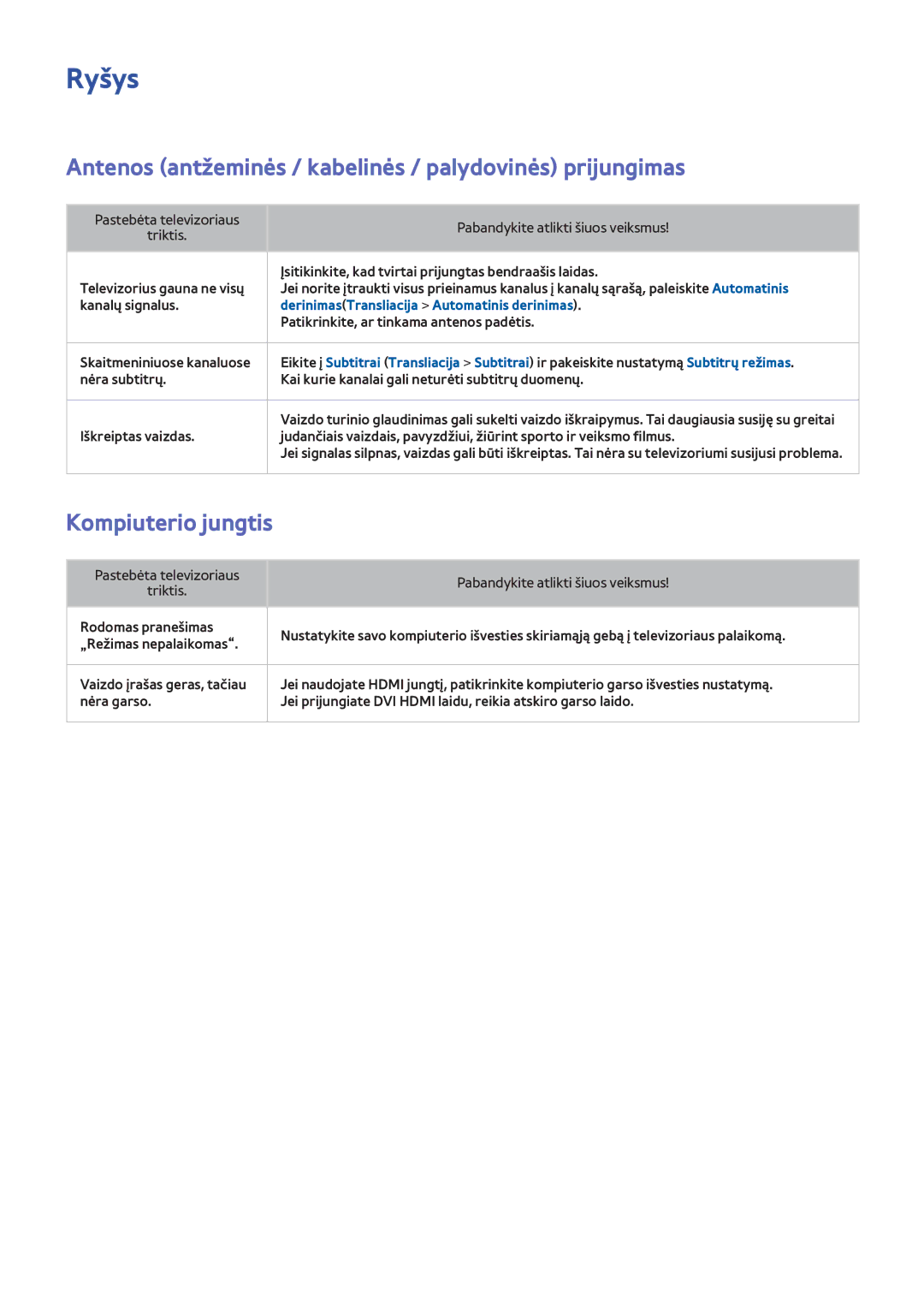 Samsung UE40F8000STXXH manual Ryšys, Antenos antžeminės / kabelinės / palydovinės prijungimas, Kompiuterio jungtis 