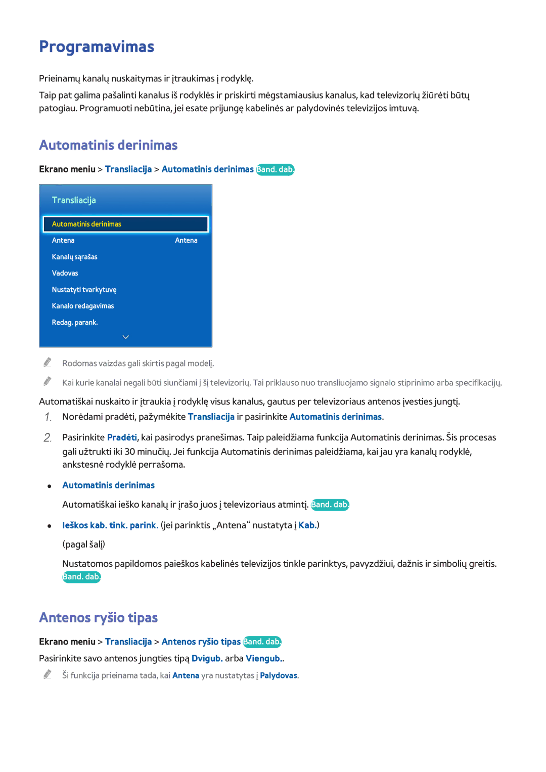 Samsung UE46F8500STXXH, UE46F7000STXXH, UE46F8000STXXH manual Programavimas, Automatinis derinimas, Antenos ryšio tipas 