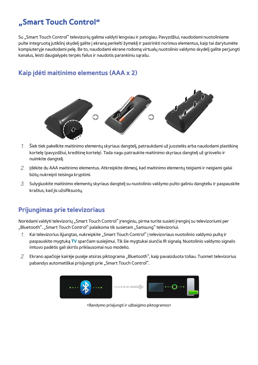 Samsung UE46F8000STXXH manual „Smart Touch Control, Kaip įdėti maitinimo elementus AAA x, Prijungimas prie televizoriaus 