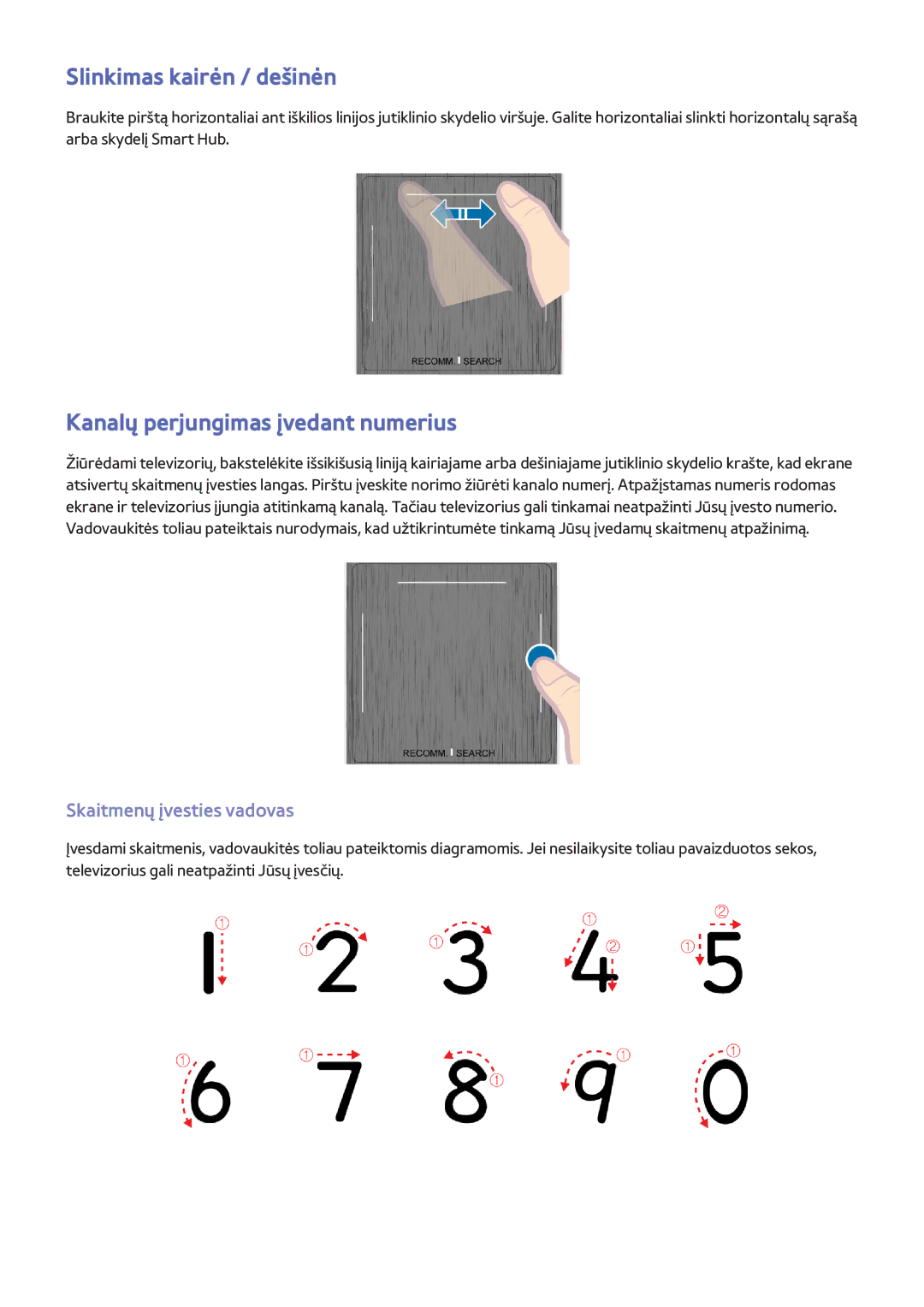 Samsung UE40F7000STXXH manual Slinkimas kairėn / dešinėn, Kanalų perjungimas įvedant numerius, Skaitmenų įvesties vadovas 