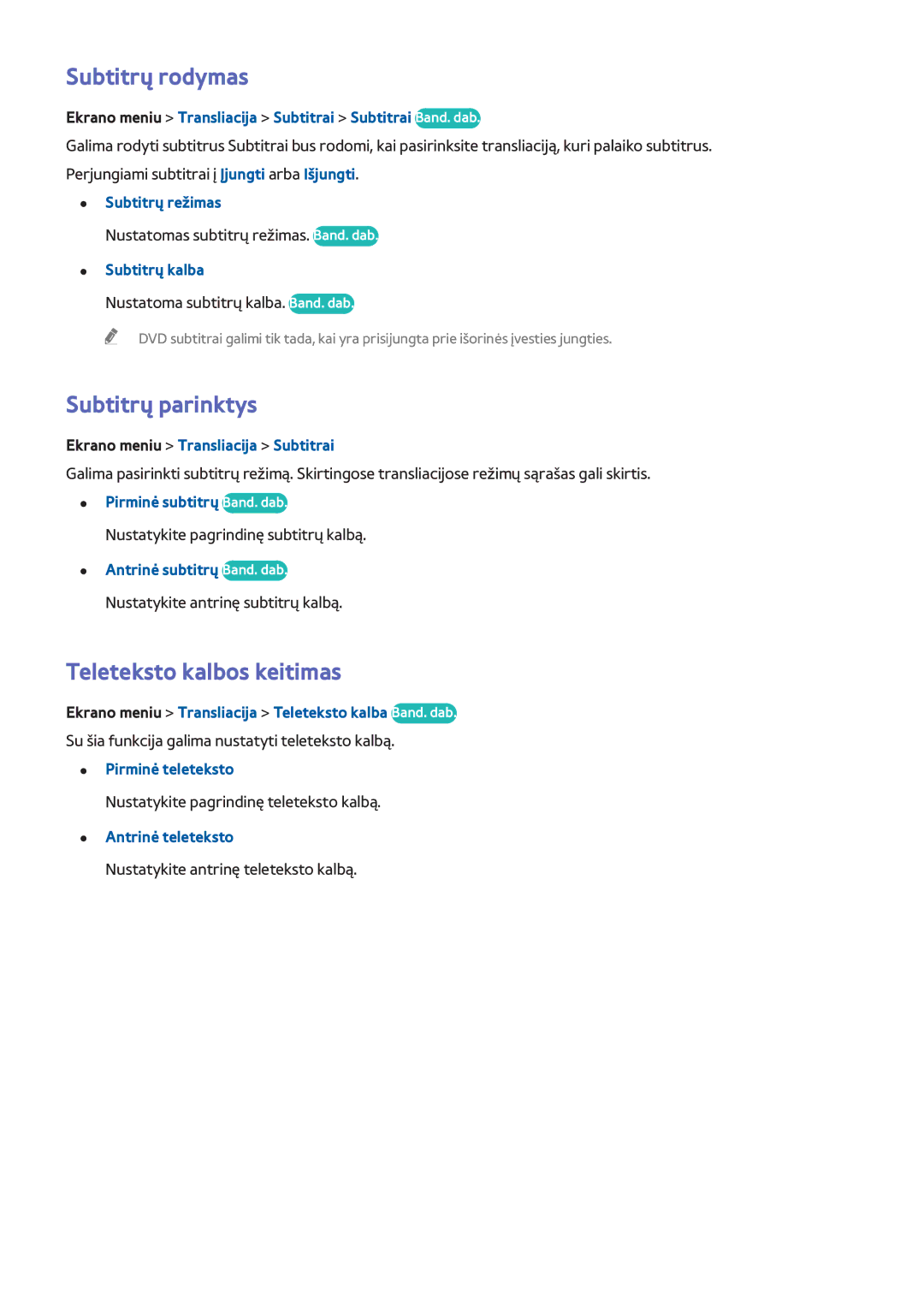 Samsung UE40F8000STXXH, UE46F7000STXXH, UE46F8000STXXH Subtitrų rodymas, Subtitrų parinktys, Teleteksto kalbos keitimas 