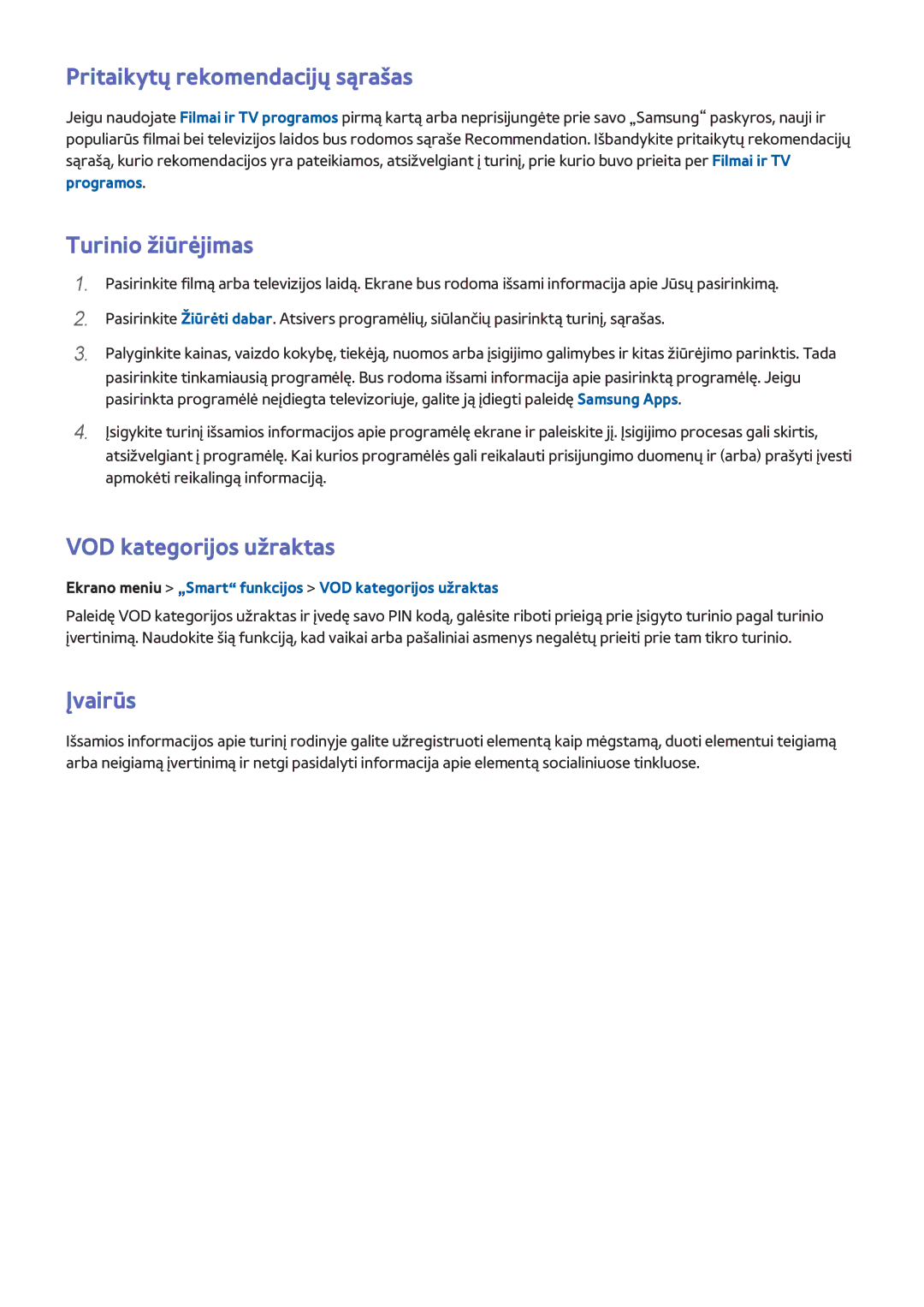 Samsung UE46F7000STXXH manual Pritaikytų rekomendacijų sąrašas, Turinio žiūrėjimas, VOD kategorijos užraktas, Įvairūs 