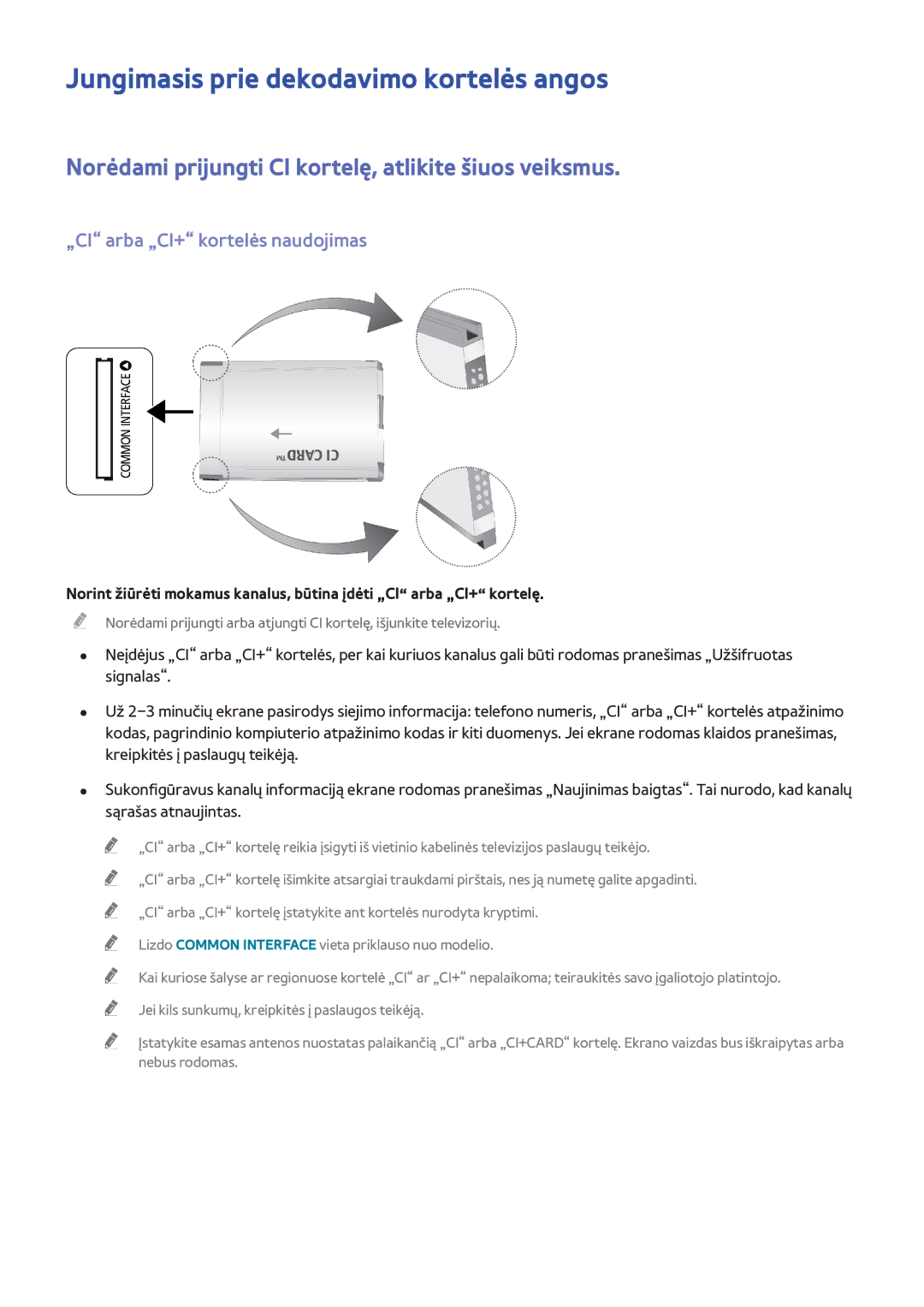 Samsung UE40F8000STXXH Jungimasis prie dekodavimo kortelės angos, Norėdami prijungti CI kortelę, atlikite šiuos veiksmus 