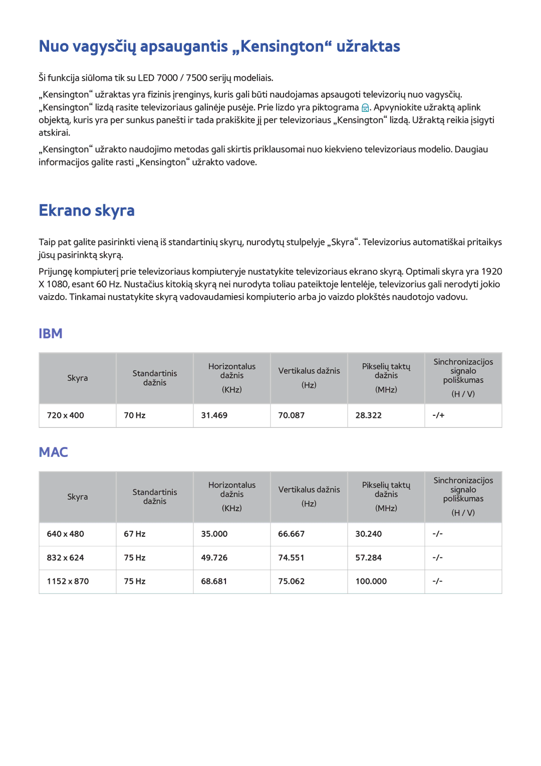 Samsung UE75F8000STXXH, UE46F7000STXXH, UE46F8000STXXH manual Nuo vagysčių apsaugantis „Kensington užraktas, Ekrano skyra 