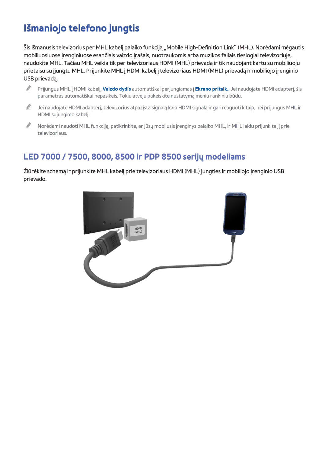 Samsung UE55F8000STXXH manual Išmaniojo telefono jungtis, LED 7000 / 7500, 8000, 8500 ir PDP 8500 serijų modeliams 