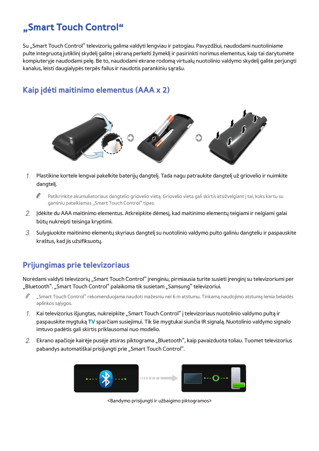 Samsung UE46F8500STXXH manual „Smart Touch Control, Kaip įdėti maitinimo elementus AAA x, Prijungimas prie televizoriaus 