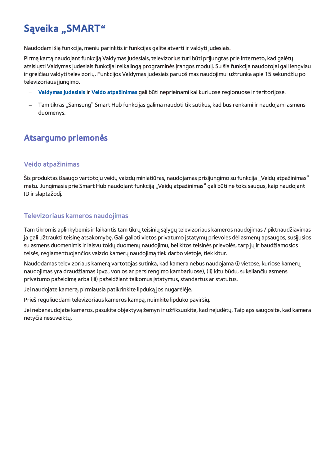 Samsung UE40F8000STXXH manual Sąveika „SMART, Atsargumo priemonės, Veido atpažinimas, Televizoriaus kameros naudojimas 