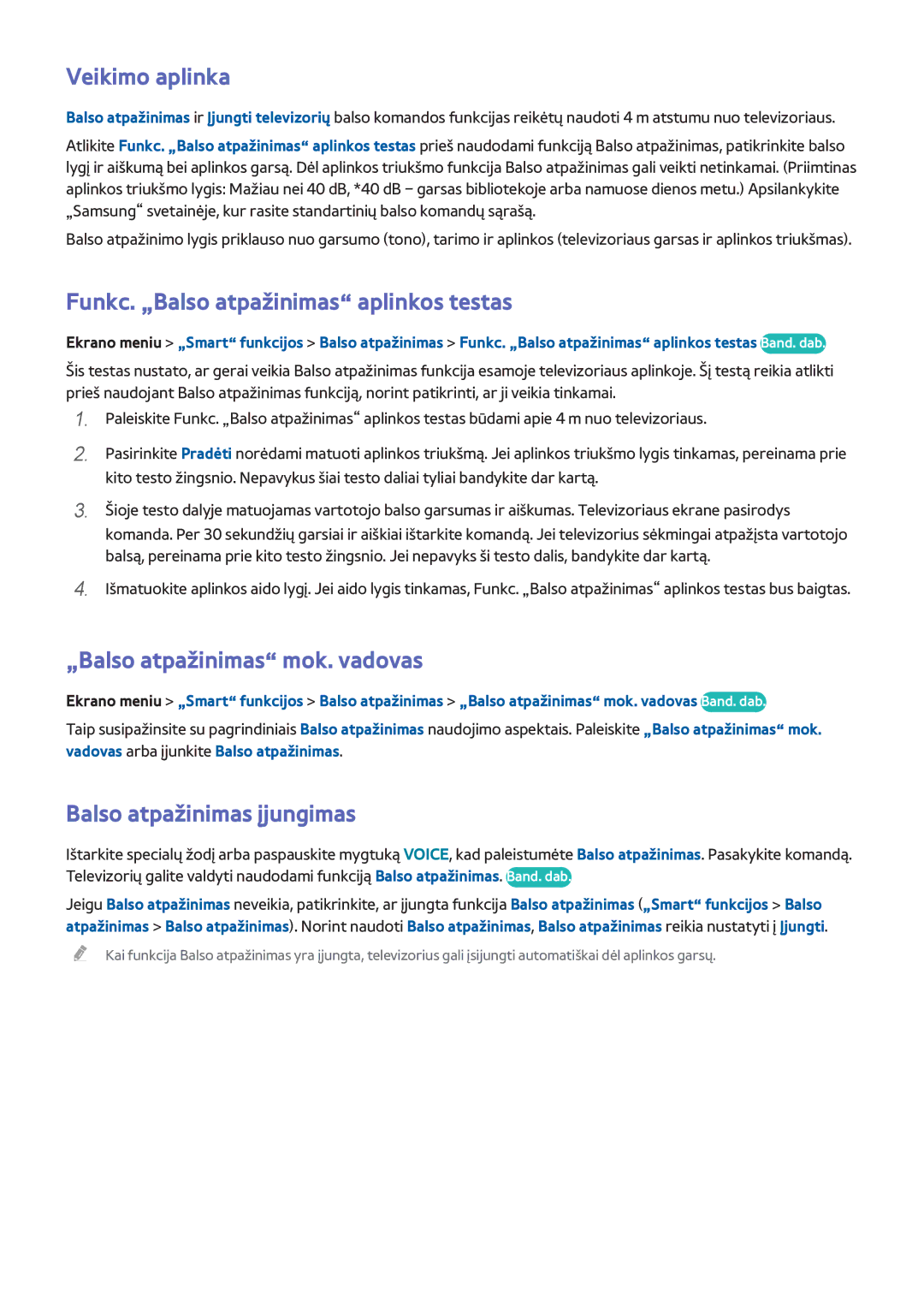Samsung UE55F8000STXXH manual Veikimo aplinka, Funkc. „Balso atpažinimas aplinkos testas, „Balso atpažinimas mok. vadovas 