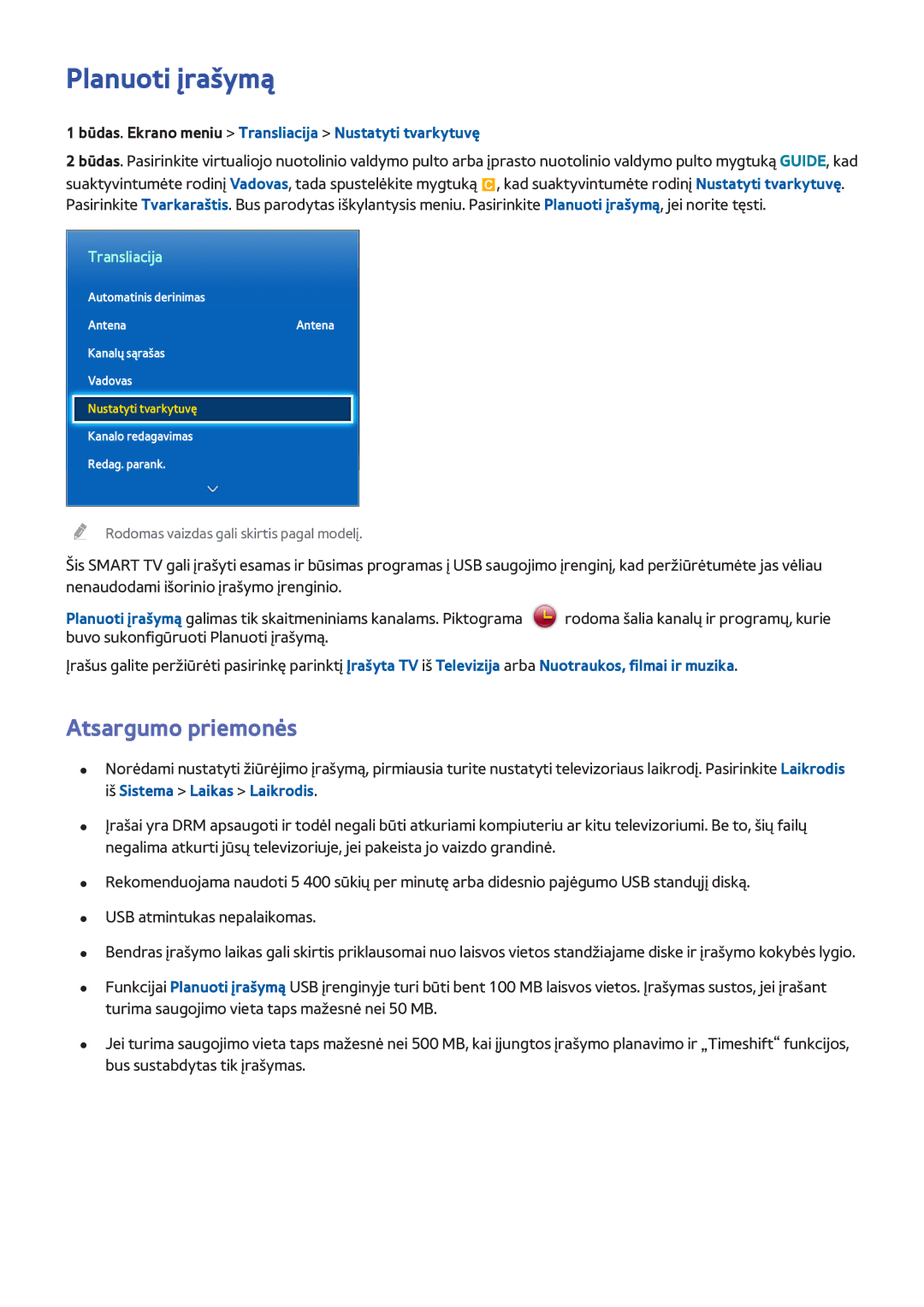 Samsung UE46F7000STXXH, UE46F8000STXXH manual Planuoti įrašymą, Būdas. Ekrano meniu Transliacija Nustatyti tvarkytuvę 