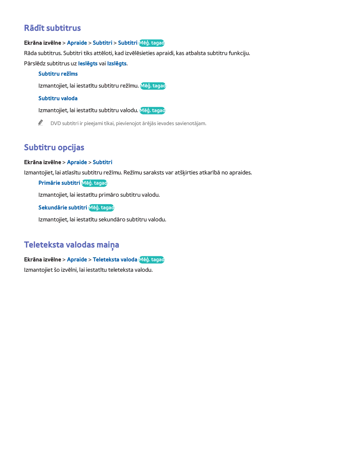 Samsung UE55F9000STXXH, UE46F7000STXXH, UE46F8000STXXH manual Rādīt subtitrus, Subtitru opcijas, Teleteksta valodas maiņa 