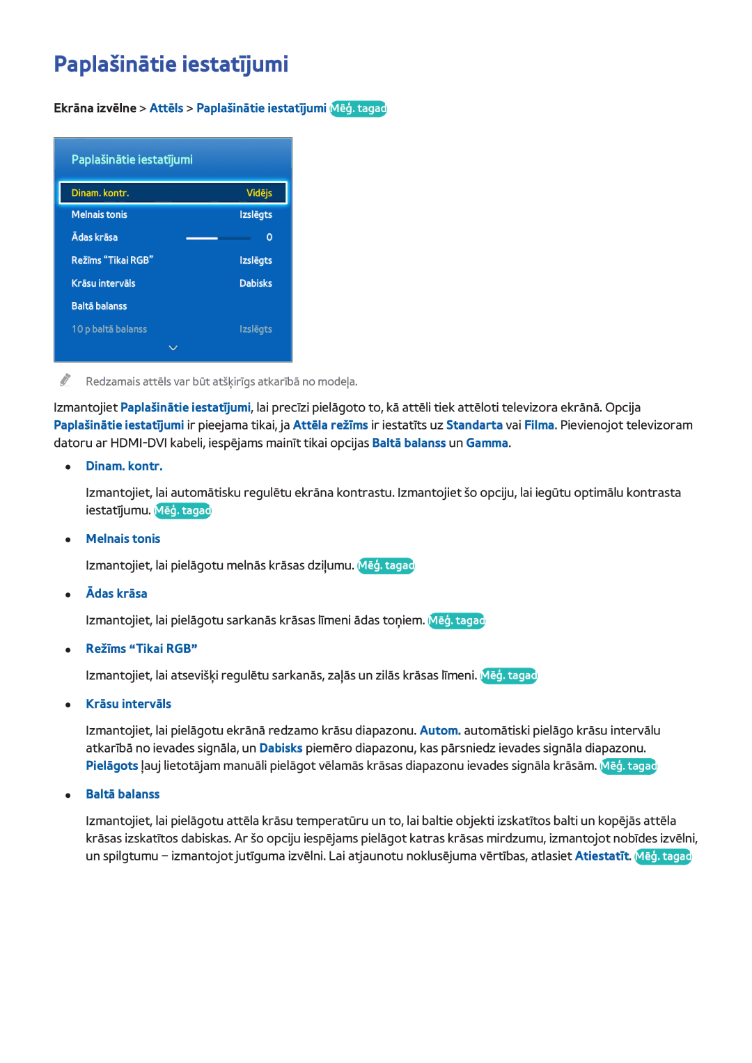 Samsung UE40F7000STXXH, UE46F7000STXXH, UE46F8000STXXH, UE40F8000STXXH, UE55F8500STXXH manual Paplašinātie iestatījumi 