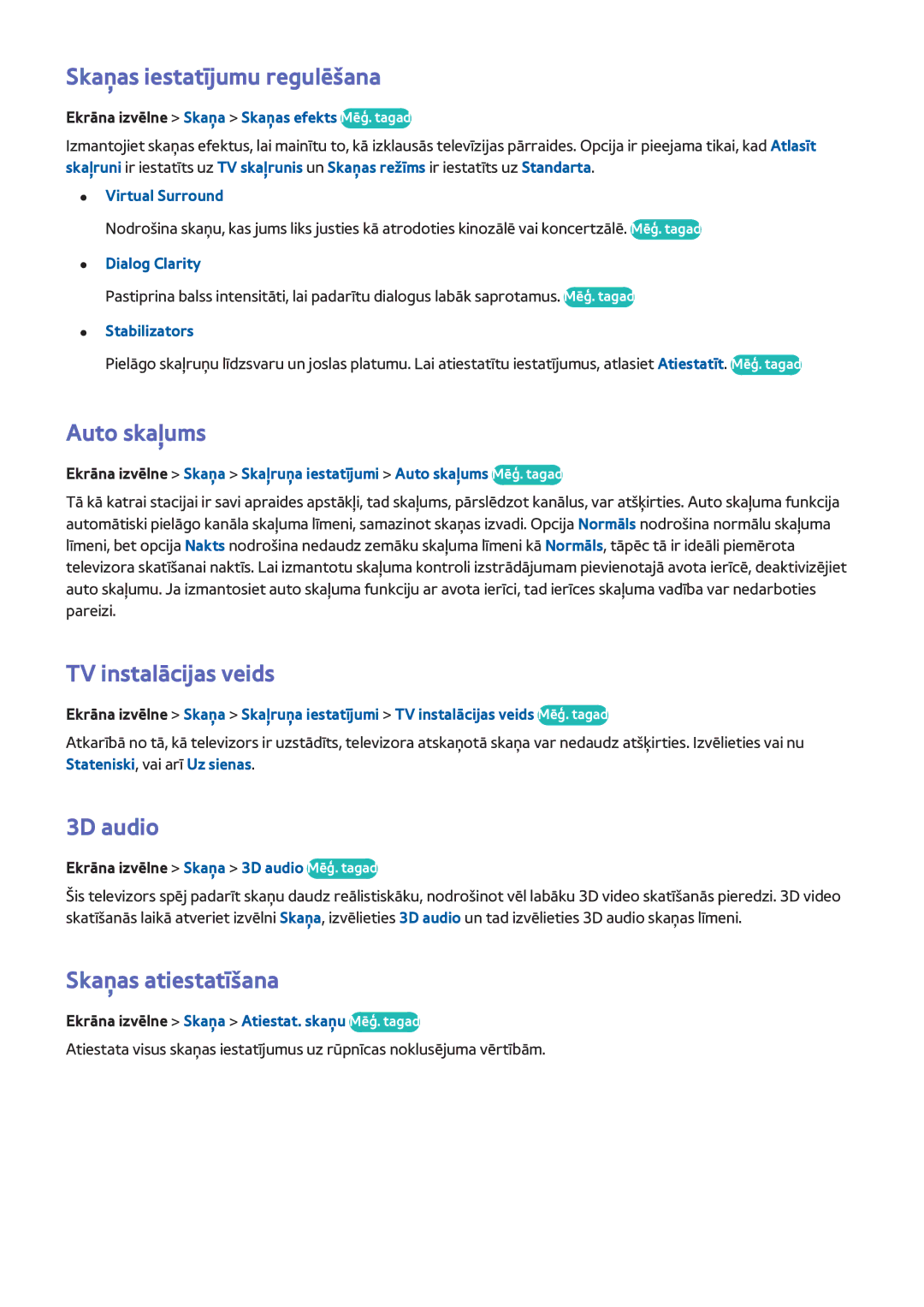 Samsung UE40F8000STXXH Skaņas iestatījumu regulēšana, Auto skaļums, TV instalācijas veids, 3D audio, Skaņas atiestatīšana 