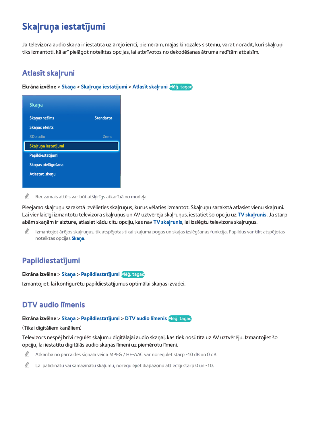 Samsung UE55F9000STXXH, UE46F7000STXXH manual Skaļruņa iestatījumi, Atlasīt skaļruni, Papildiestatījumi, DTV audio līmenis 