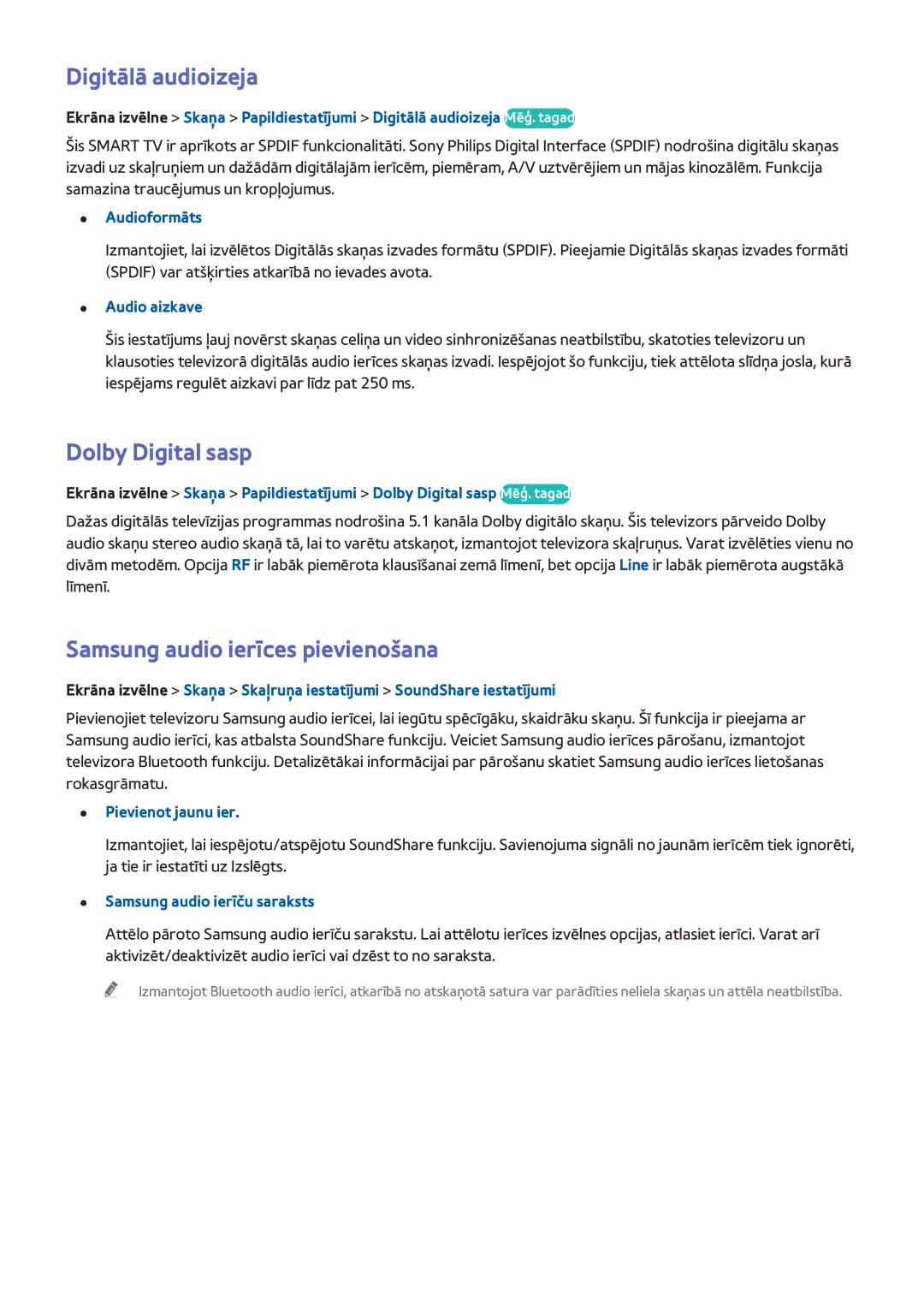 Samsung UE55F8000STXXH, UE46F7000STXXH manual Digitālā audioizeja, Dolby Digital sasp, Samsung audio ierīces pievienošana 