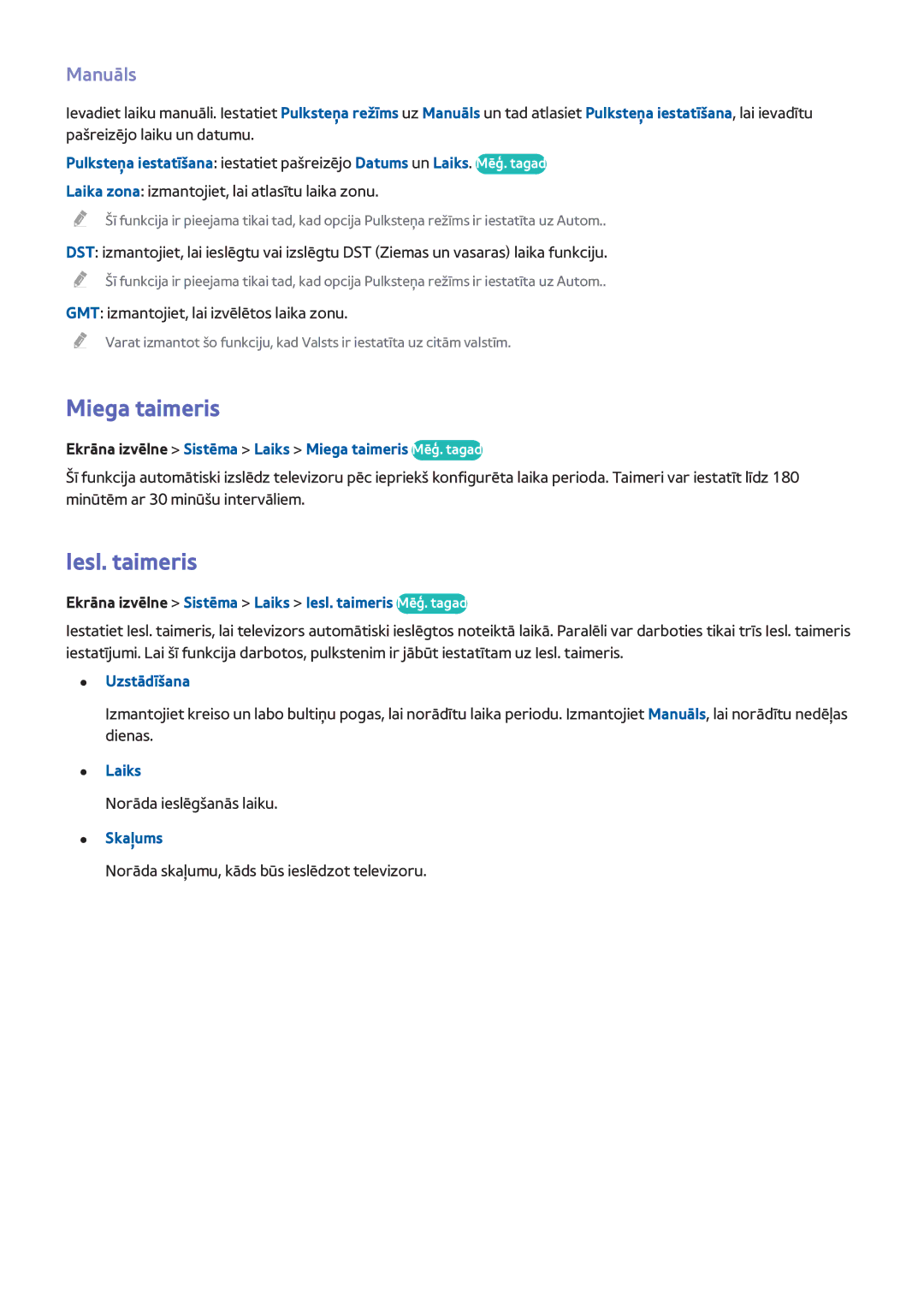 Samsung UE75F8000STXXH, UE46F7000STXXH, UE46F8000STXXH, UE40F8000STXXH manual Miega taimeris, Iesl. taimeris, Manuāls 
