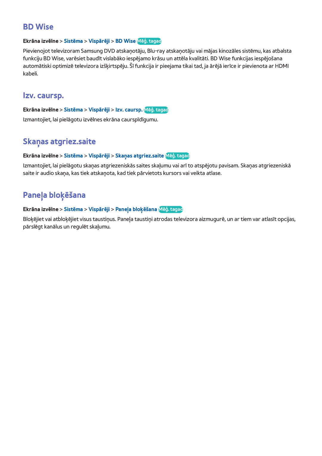 Samsung UE40F8000STXXH, UE46F7000STXXH, UE46F8000STXXH manual BD Wise, Izv. caursp, Skaņas atgriez.saite, Paneļa bloķēšana 