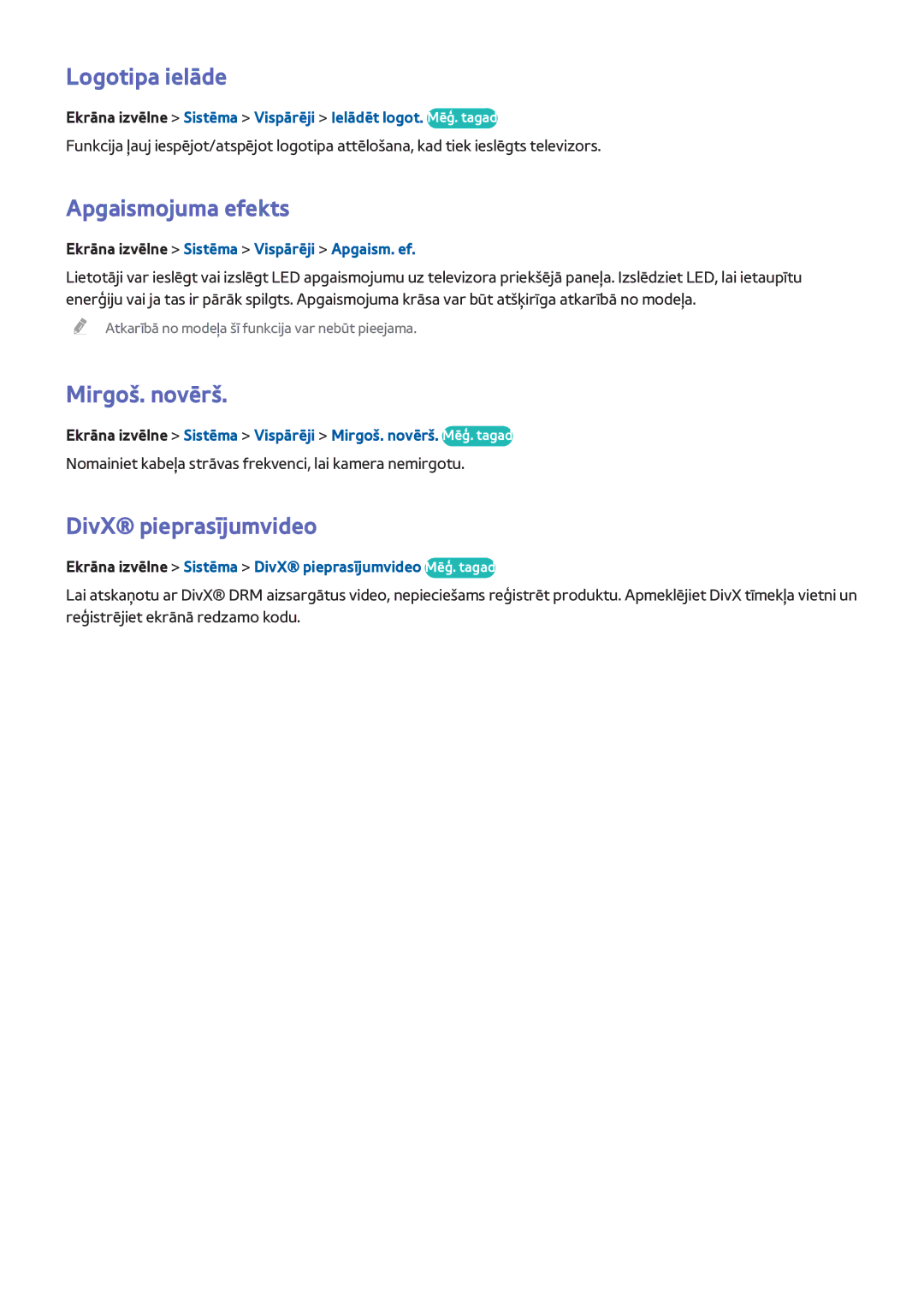 Samsung UE55F8500STXXH, UE46F7000STXXH manual Logotipa ielāde, Apgaismojuma efekts, Mirgoš. novērš, DivX pieprasījumvideo 